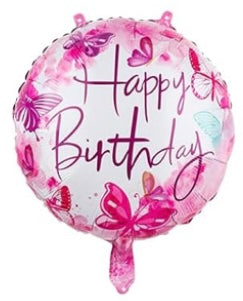 Happy Birthday 18 Inch Round Foil Balloon Pink with Butterflies