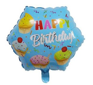 Happy Birthday 18 Inch Hexagon Foil Balloon Blue with Cupcakes