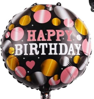 Happy Birthday 18 Inch Round Foil Balloon Black with Pink and Gold Dots