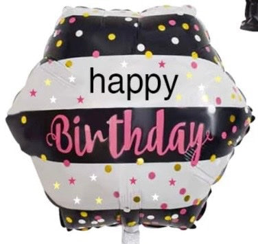 Happy Birthday 18 Inch Hexagon Foil Balloon Black and White Stripes with Gold Dots