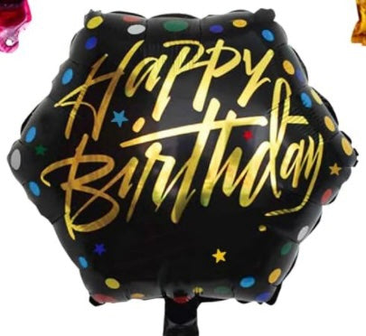 Happy Birthday 18 Inch Hexagon Foil Balloon Black with Colourful Dots