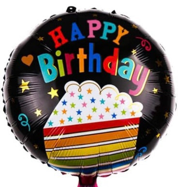 Happy Birthday 18 Inch Round Foil Balloon Black with Colourful Cake