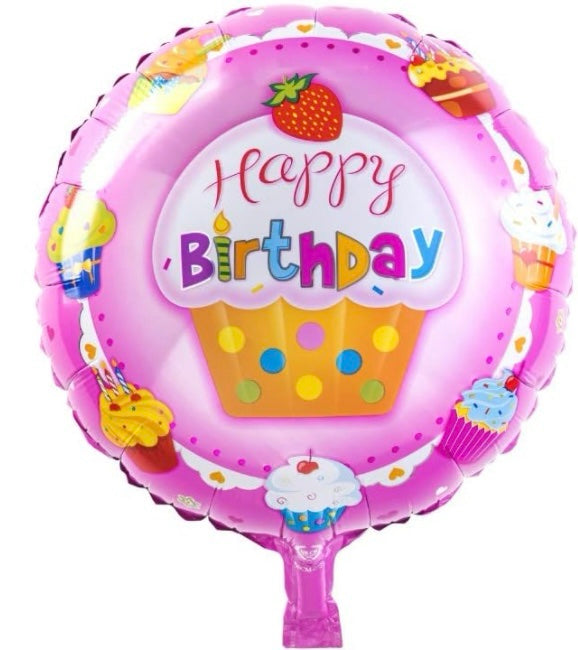 Happy Birthday 18 Inch Round Foil Balloon Pink with Cupcakes