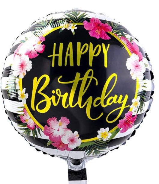 Happy Birthday 18 Inch Round Foil Balloon Black and White Stripes with Flowers