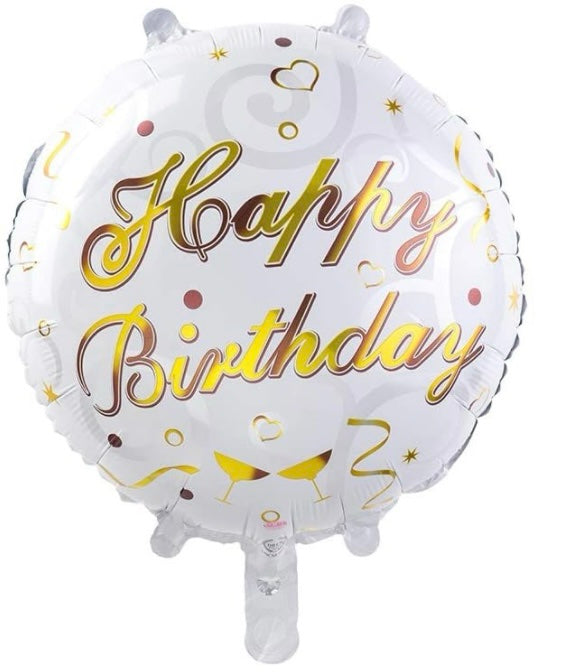 Happy Birthday 18 Inch Round Foil Balloon White with Gold Hearts and Wine Glasses