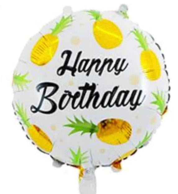 Happy Birthday 18 Inch Round Foil Balloon White with Pineapples