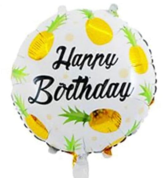 Happy Birthday 18 Inch Round Foil Balloon White with Pineapples