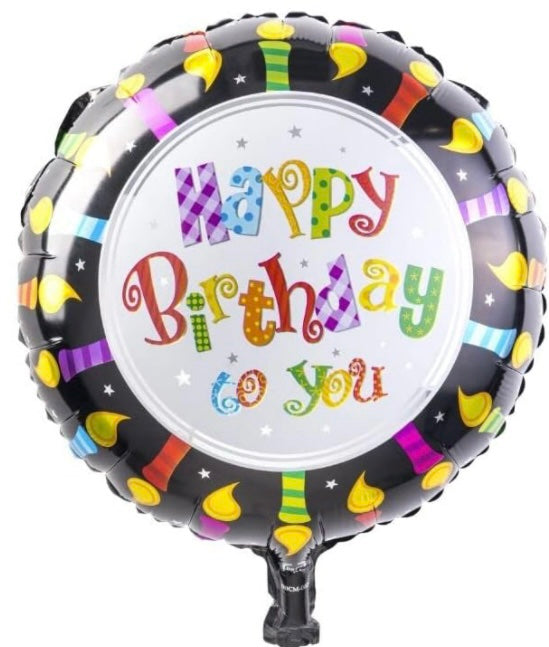 Happy Birthday 18 Inch Round Foil Balloon Black with Colourful Candles