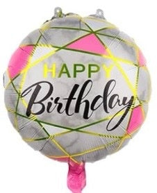 Happy Birthday 18 Inch Round Foil Balloon Pink with Grey Marble