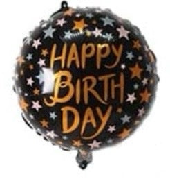 Happy Birthday 18 Inch Round Foil Balloon Black with Gold and Pink Stars