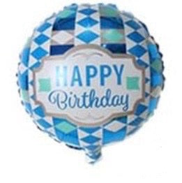 Happy Birthday 18 Inch Round Foil Balloon Blue and White Diamond Pattern