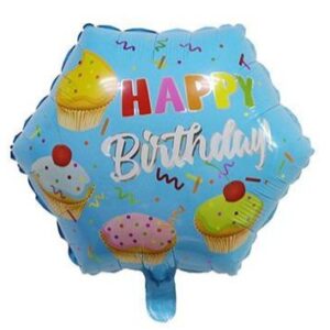 Happy Birthday 18 Inch Hexagon Foil Balloon Blue with Cupcakes