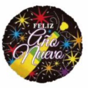 Spanish Round 18 Inch Feliz Año Nuevo Black with Colourful Stars Foil Balloon