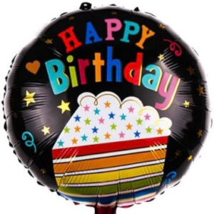 Happy Birthday 18 Inch Round Foil Balloon Black with Colourful Cake