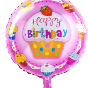 Happy Birthday 18 Inch Round Foil Balloon Pink with Cupcakes